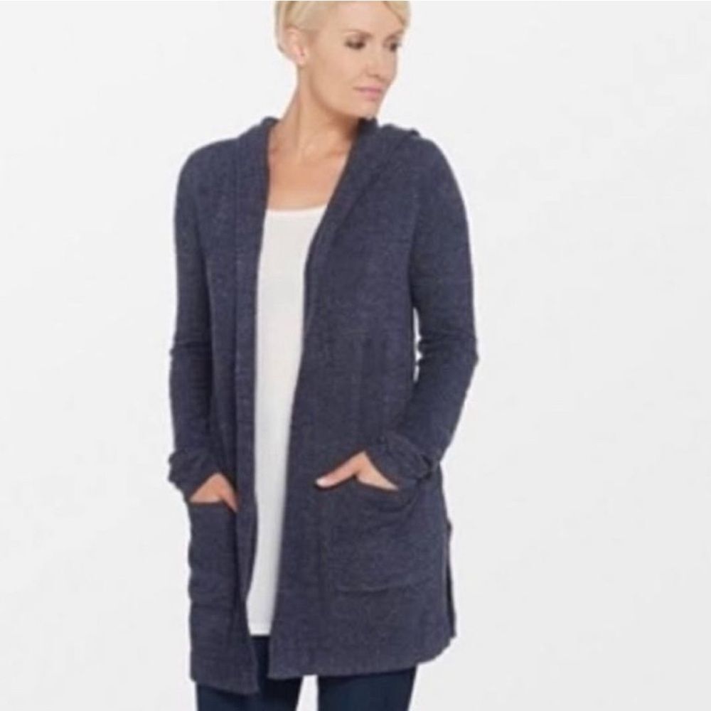 Barefoot Dreams Hooded Long‎ Cardigan Size Small Navy Blue Cozy Chic Lite